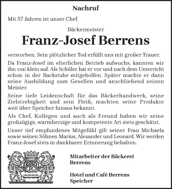 Traueranzeige von Franz-Josef Berrens von trierischer_volksfreund