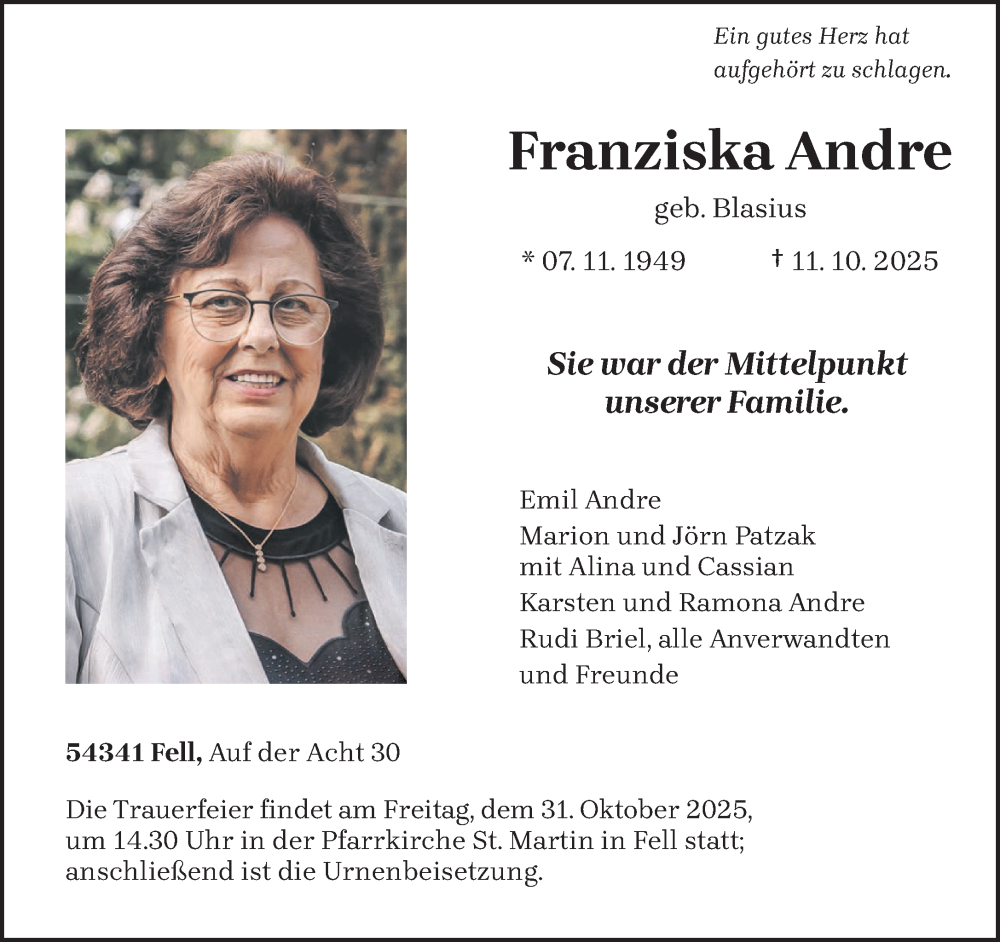  Traueranzeige für Franziska Andre vom 25.10.2025 aus trierischer_volksfreund