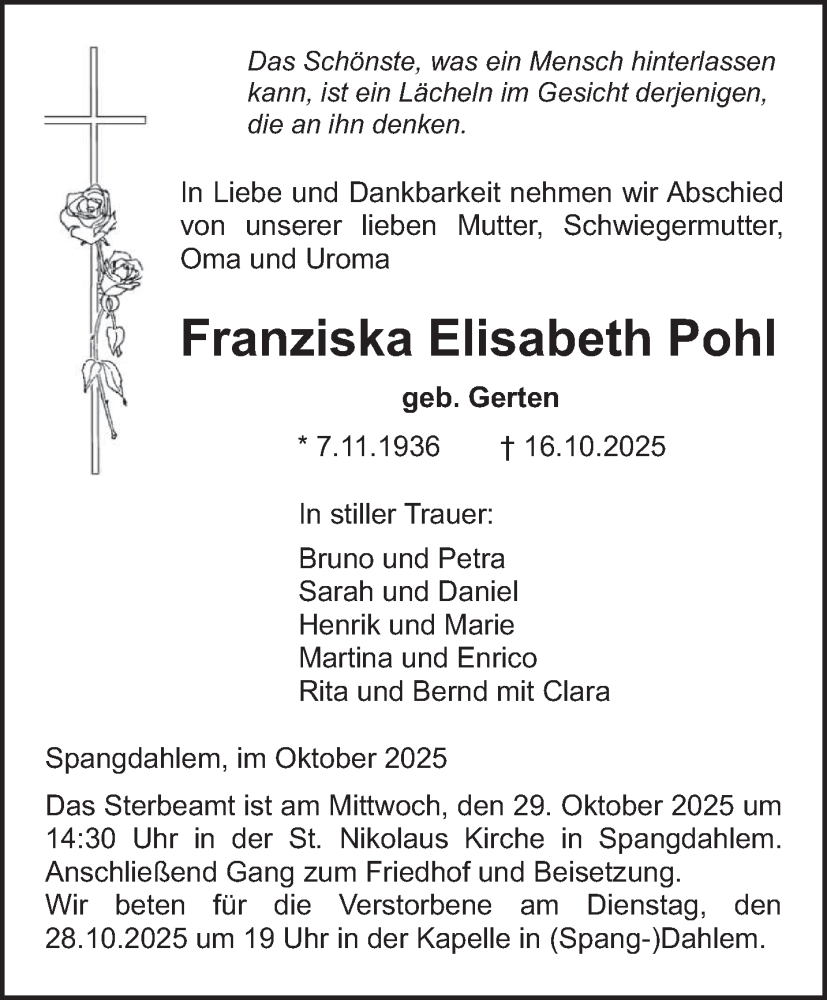  Traueranzeige für Franziska Elisabeth Pohl vom 22.10.2025 aus trierischer_volksfreund