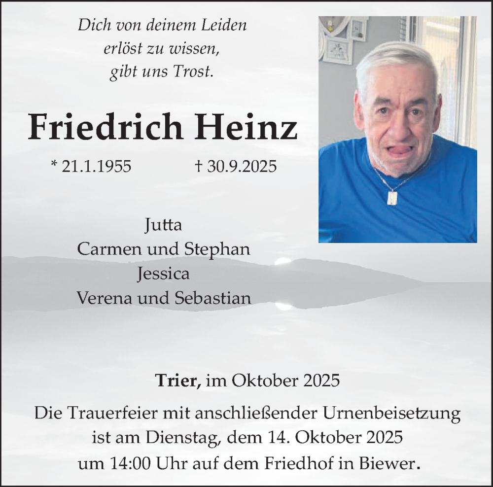  Traueranzeige für Friedrich Heinz vom 04.10.2025 aus trierischer_volksfreund