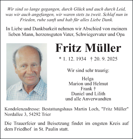 Traueranzeige von Fritz Müller von trierischer_volksfreund