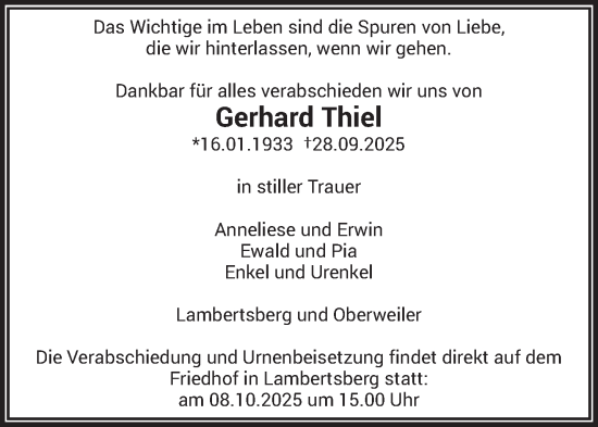 Traueranzeige von Gerhard Thiel von trierischer_volksfreund