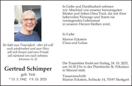 Traueranzeige von Gertrud Schimper von trierischer_volksfreund