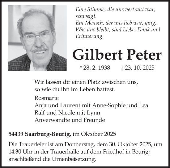 Traueranzeige von Gilbert Peter von trierischer_volksfreund