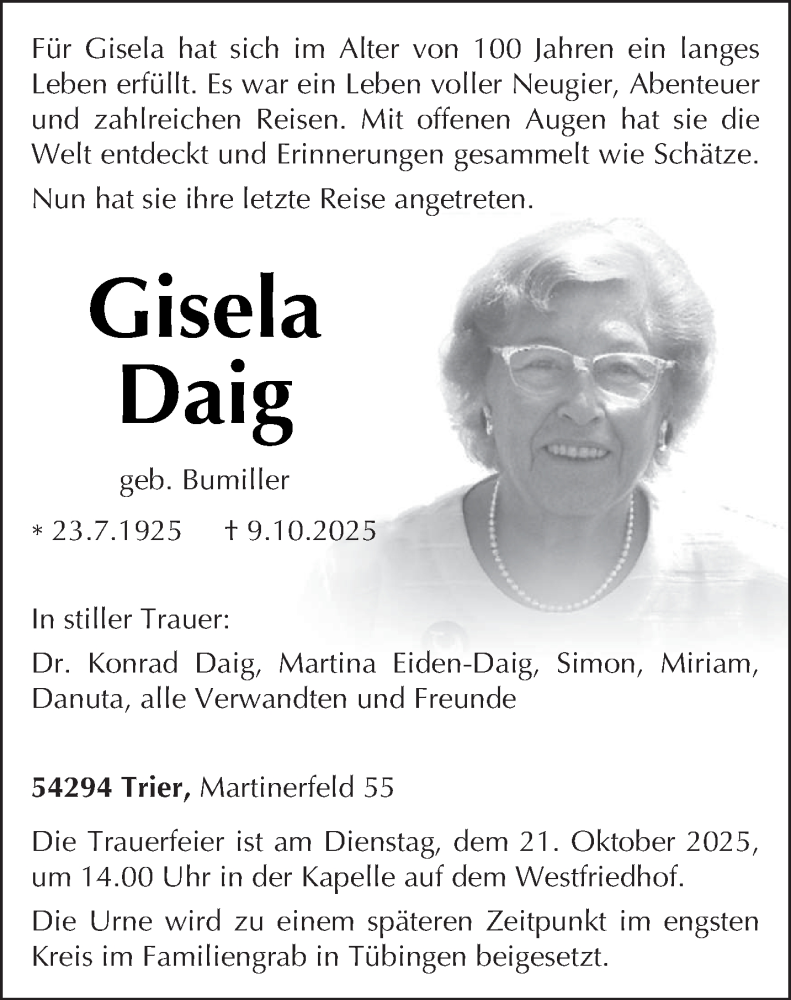  Traueranzeige für Gisela Daig vom 18.10.2025 aus trierischer_volksfreund
