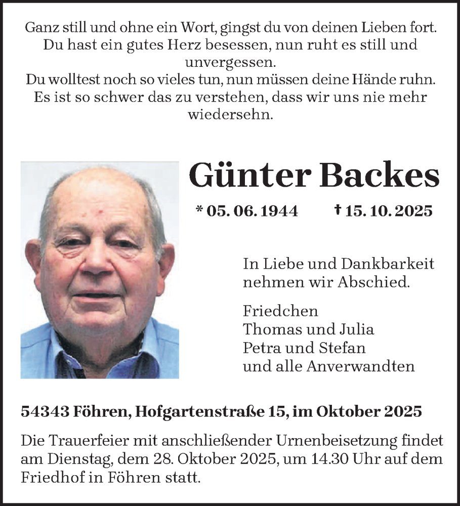  Traueranzeige für Günter Backes vom 22.10.2025 aus trierischer_volksfreund