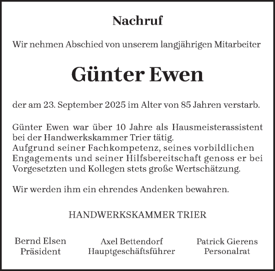Traueranzeige von Günter Ewen von trierischer_volksfreund