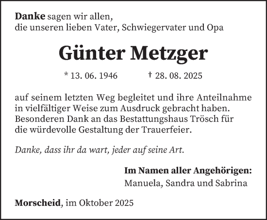 Traueranzeige von Günter Metzger von trierischer_volksfreund