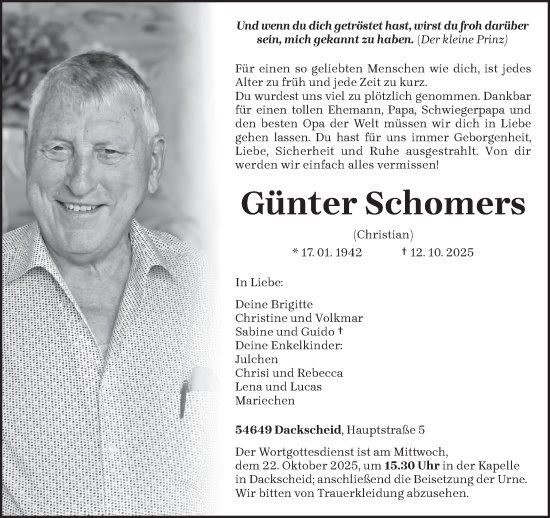 Traueranzeige von Günter Schomers von trierischer_volksfreund
