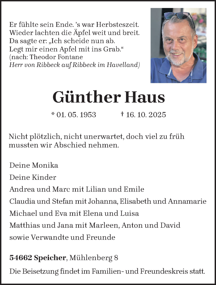  Traueranzeige für Günther Haus vom 22.10.2025 aus trierischer_volksfreund