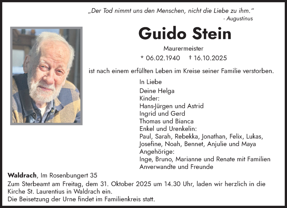  Traueranzeige für Guido Stein vom 25.10.2025 aus trierischer_volksfreund