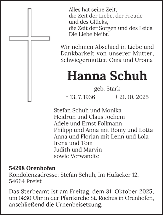 Traueranzeige von Hanna Schuh von trierischer_volksfreund