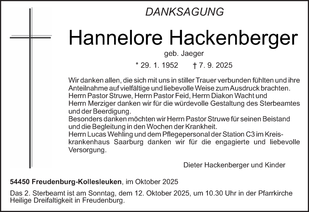  Traueranzeige für Hannelore Hackenberger vom 11.10.2025 aus trierischer_volksfreund