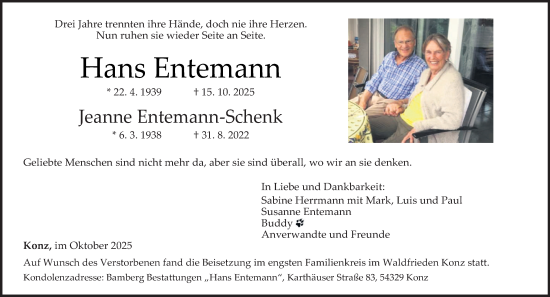 Traueranzeige von Hans Entemann von trierischer_volksfreund