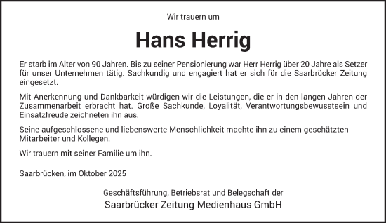 Traueranzeige von Hans Herrig von trierischer_volksfreund