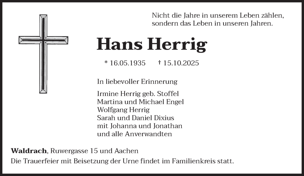  Traueranzeige für Hans Herrig vom 25.10.2025 aus trierischer_volksfreund