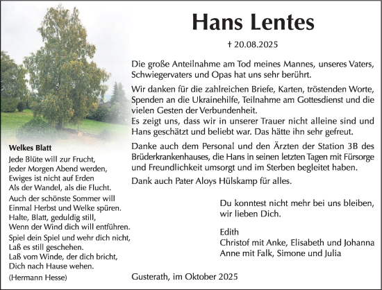 Traueranzeige von Hans Lentes von trierischer_volksfreund