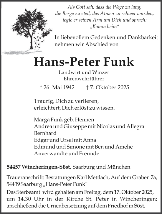 Traueranzeige von Hans-Peter Funk von trierischer_volksfreund