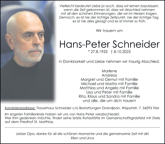 Traueranzeige von Hans-Peter Schneider von trierischer_volksfreund