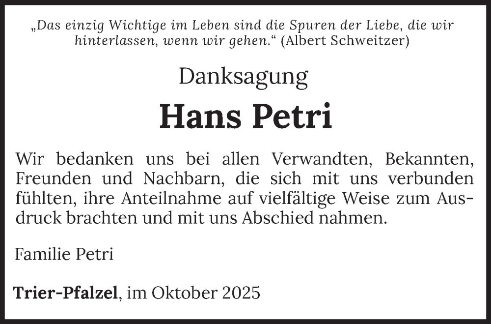  Traueranzeige für Hans Petri vom 28.10.2025 aus trierischer_volksfreund