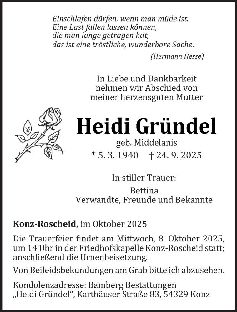  Traueranzeige für Heidi Gründel vom 04.10.2025 aus trierischer_volksfreund