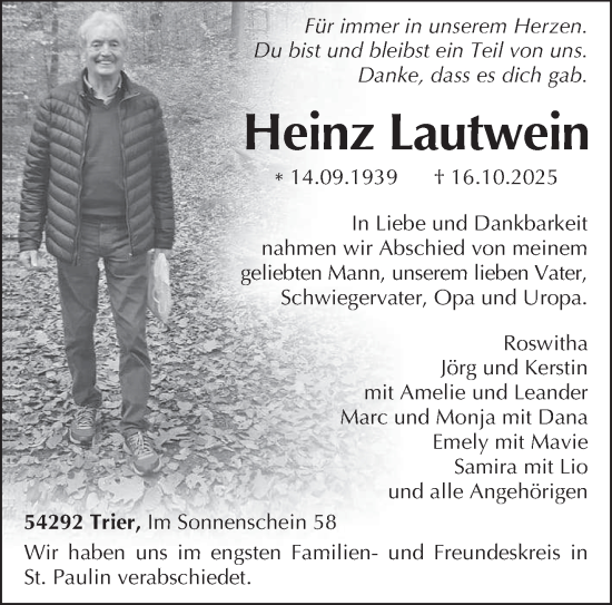 Traueranzeige von Heinz Lautwein von trierischer_volksfreund