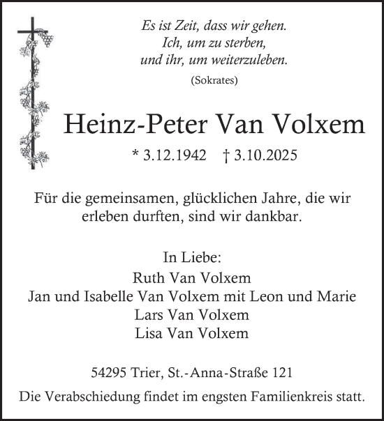 Traueranzeige von Heinz-Peter Van Volxem von trierischer_volksfreund