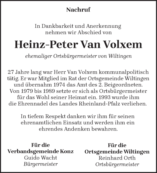 Traueranzeige von Heinz-Peter Van Volxem von trierischer_volksfreund