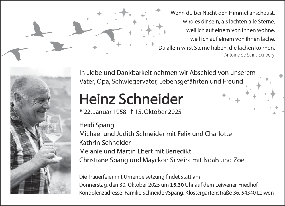  Traueranzeige für Heinz Schneider vom 25.10.2025 aus trierischer_volksfreund