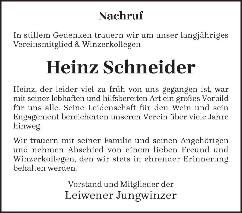  Traueranzeige für Heinz Schneider vom 25.10.2025 aus trierischer_volksfreund