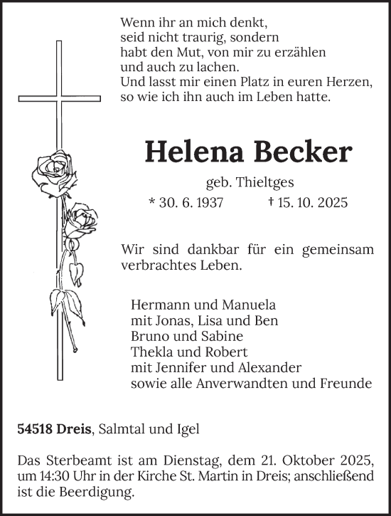 Traueranzeige von Helena Becker von trierischer_volksfreund
