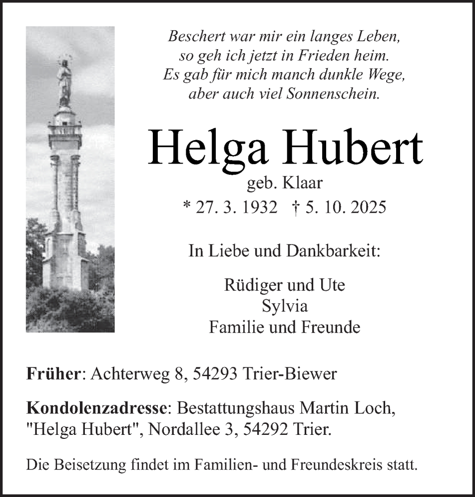  Traueranzeige für Helga Hubert vom 11.10.2025 aus trierischer_volksfreund