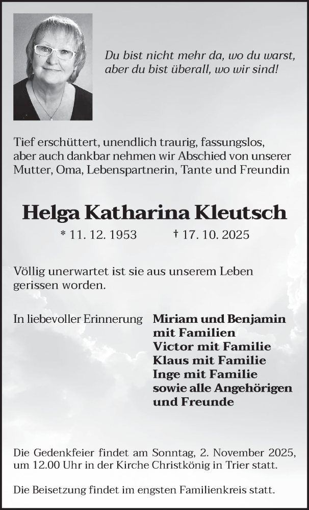  Traueranzeige für Helga Katharina Kleutsch vom 25.10.2025 aus trierischer_volksfreund
