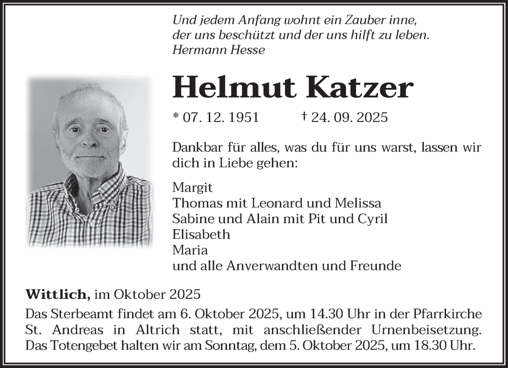  Traueranzeige für Helmut Katzer vom 01.10.2025 aus trierischer_volksfreund