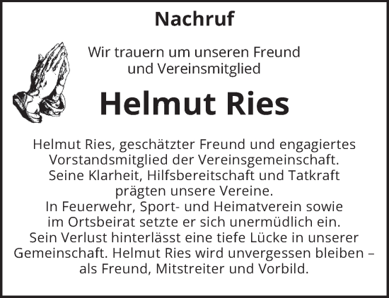 Traueranzeige von Helmut Ries von trierischer_volksfreund