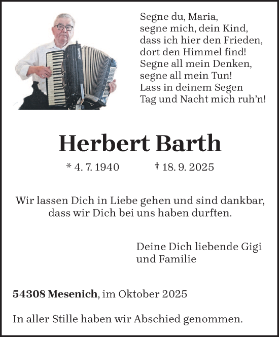 Traueranzeige von Herbert Barth von trierischer_volksfreund