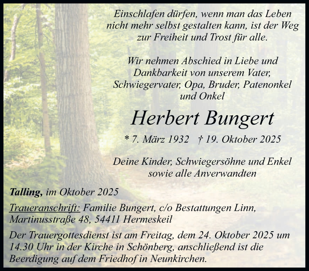  Traueranzeige für Herbert Bungert vom 22.10.2025 aus trierischer_volksfreund