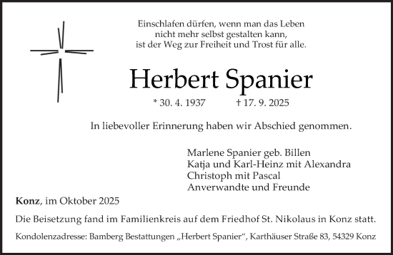 Traueranzeige von Herbert Spanier von trierischer_volksfreund