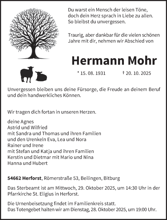 Traueranzeige von Hermann Mohr von trierischer_volksfreund