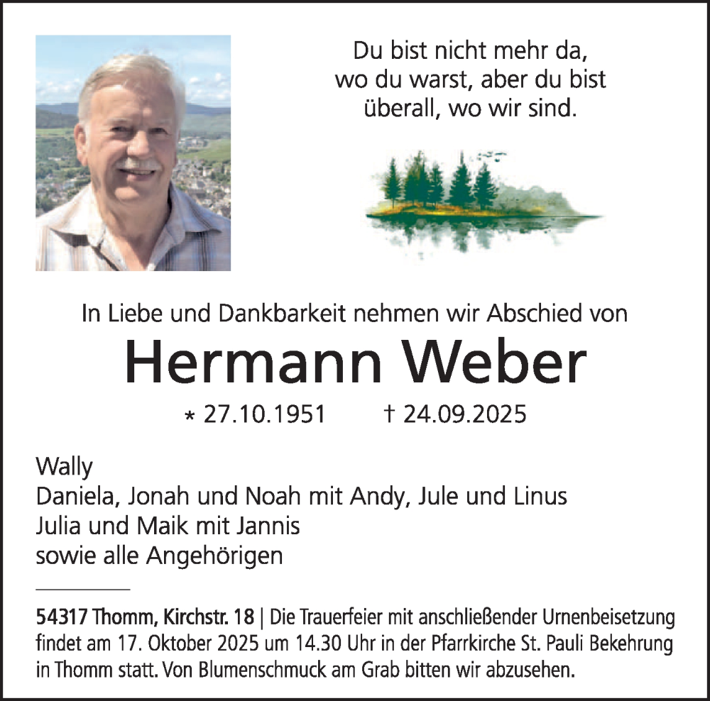  Traueranzeige für Hermann Weber vom 11.10.2025 aus trierischer_volksfreund