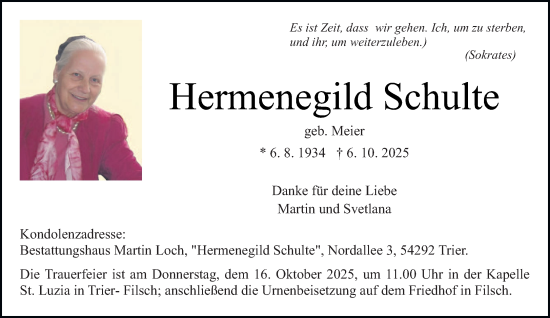 Traueranzeige von Hermenegild Schulte von trierischer_volksfreund