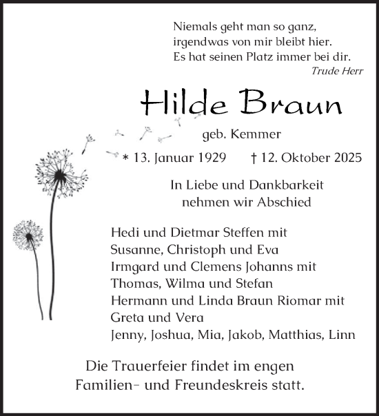 Traueranzeige von Hilde Braun von trierischer_volksfreund