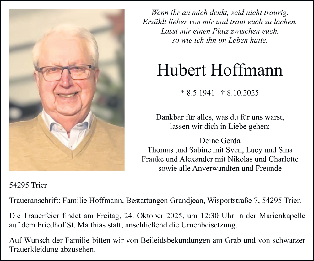  Traueranzeige für Hubert Hoffmann vom 18.10.2025 aus trierischer_volksfreund