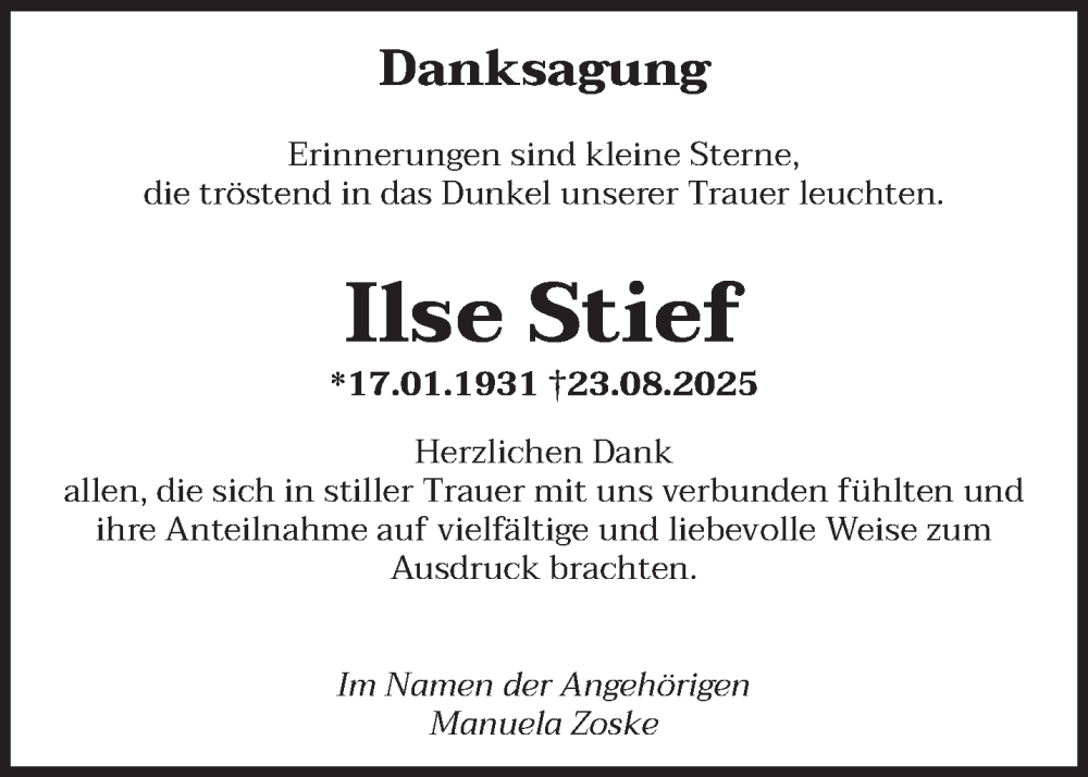  Traueranzeige für Ilse Stief vom 11.10.2025 aus trierischer_volksfreund