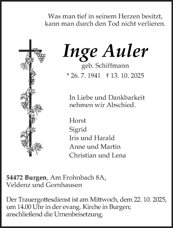 Traueranzeige von Inge Auler von trierischer_volksfreund