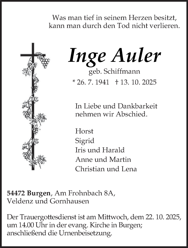  Traueranzeige für Inge Auler vom 18.10.2025 aus trierischer_volksfreund