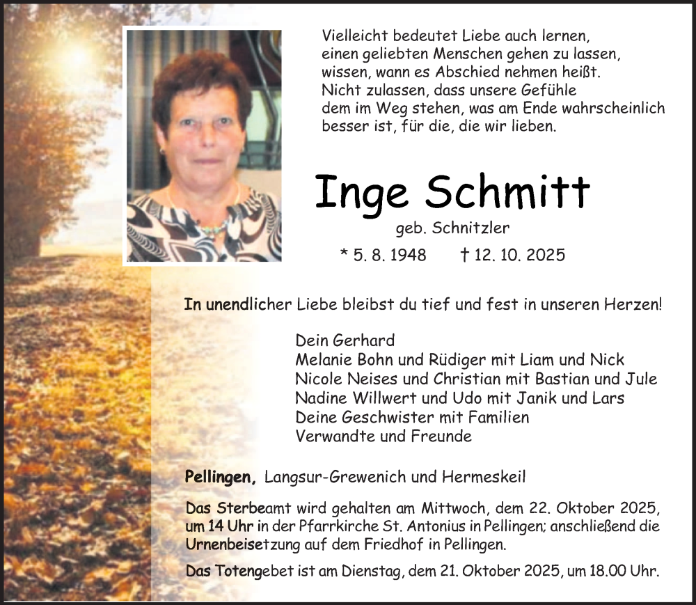  Traueranzeige für Inge Schmitt vom 18.10.2025 aus trierischer_volksfreund