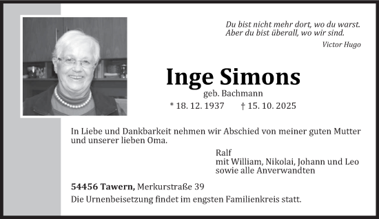 Traueranzeige von Inge Simons von trierischer_volksfreund