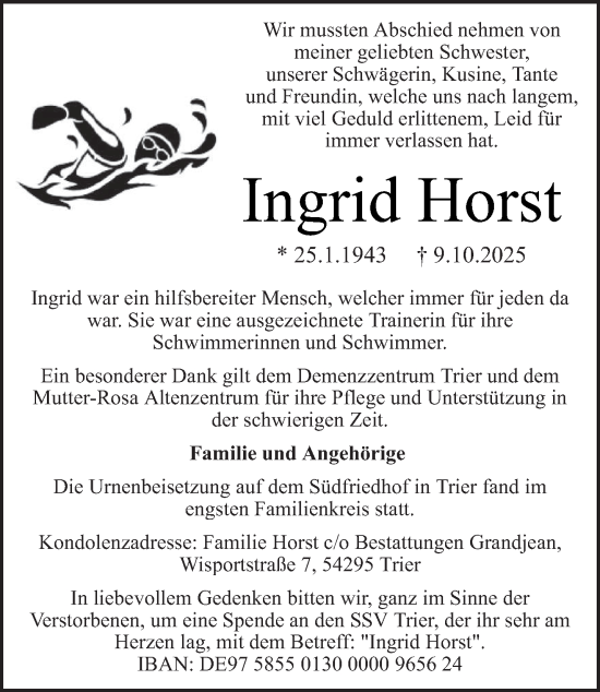Traueranzeige von Ingrid Horst von trierischer_volksfreund