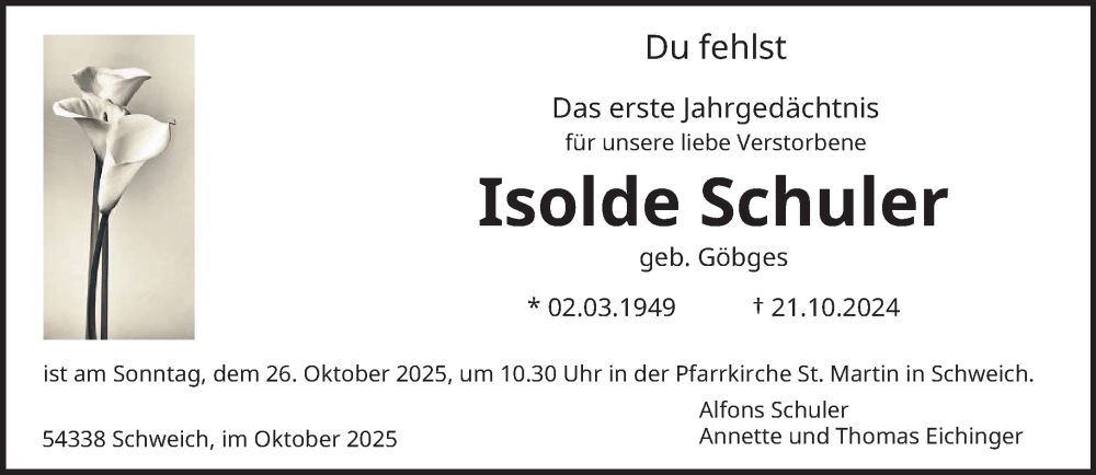  Traueranzeige für Isolde Schuler vom 18.10.2025 aus trierischer_volksfreund
